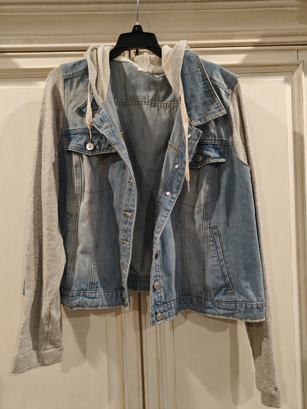 Maurices Light Blue Denim Jacket with Cream Knit Hood